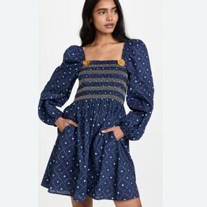 Figue Peony Kizzy Navy Smocked Cotton Mini Dress M NWT $425